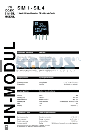 SIM1-0505-SIL4 datasheet - 1 Watt Ultra-Miniatur SIL-Modul-Serie