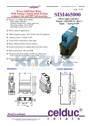 SIM465000 datasheet - Power Solid State Relay With Analog Control, pitch 22.5mm compact size and DIN rail mounting.