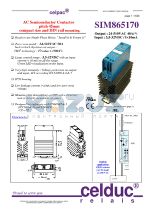 SIM865170 datasheet - AC Semiconductor Contactor pitch 45mm compact size and DIN rail mounting.