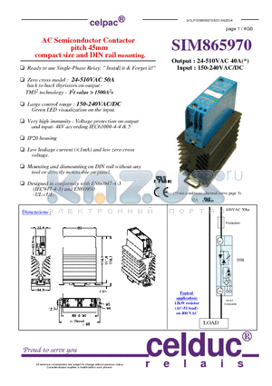 SIM865970 datasheet - AC Semiconductor Contactor pitch 45mm compact size and DIN rail mounting.