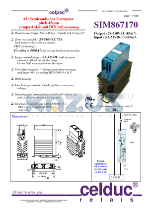 SIM867170 datasheet - AC Semiconductor Contactor pitch 45mm compact size and DIN rail mounting.