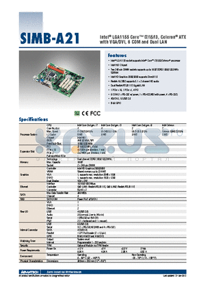 SIMB-A21-8VG00A1E datasheet - Intel^ LGA1155 Core i7/i5/i3, Celeron^ ATX with VGA/DVI, 6 COM and Dual LAN