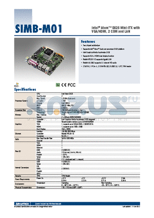 SIMB-M01 datasheet - Intel^ Atom D525 Mini-ITX with VGA/HDMI, 2 COM and LAN