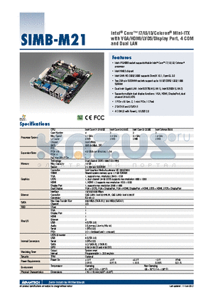 SIMB-M21 datasheet - Intel^ Core i7/i5/i3/Celeron^ Mini-ITX with VGA/HDMI/LVDS/Display Port, 4 COM and Dual LAN