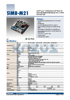 SIMB-M21-7G200A1E datasheet - Intel^ Core i7/i5/i3/Celeron^ Mini-ITX with VGA/HDMI/LVDS/Display Port, 4 COM and Dual LAN