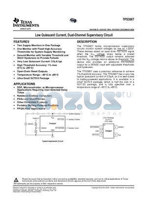 TPS3807A30DCKR datasheet - Low Quiescent Current, Dual-Channel Supervisory Circuit