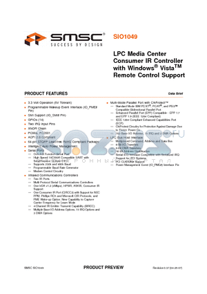 SIO1049-JV datasheet - LPC Media Center Consumer IR Controller with Windows VistaTM Remote Control Support