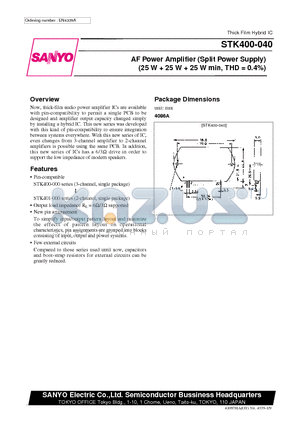 STK400-030 datasheet - AF Power Amplifier (Split Power Supply) (25 W  25 W  25 W min, THD = 0.4%)