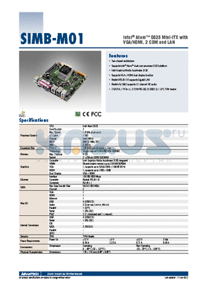 SIMB-M01-1VGS8A1E datasheet - Intel^ Atom D525 Mini-ITX with VGA/HDMI, 2 COM and LAN