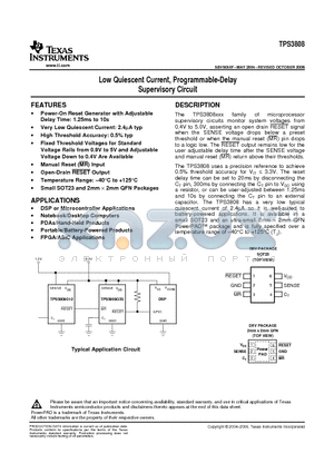 TPS3808G01DBVT datasheet - Low Quiescent Current, Programmable-Delay Supervisory Circuit