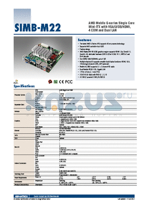 SIMB-M22-2G2S0A1E datasheet - AMD Mobile G-series Single Core Mini-ITX with VGA/LVDS/HDMI, 4 COM and Dual LAN