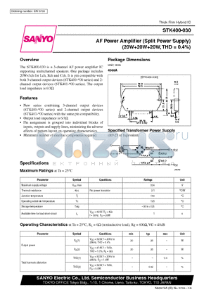 STK400-060 datasheet - AF Power Amplifier (Split Power Supply) (20W20W20W, THD = 0.4%)