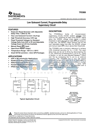 TPS3808G12DBVTG4 datasheet - Low Quiescent Current, Programmable-Delay Supervisory Circuit