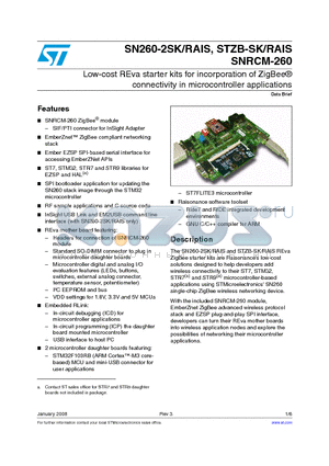 SNRCM-260 datasheet - Low-cost REva starter kits for incorporation of ZigBee^ connectivity in microcontroller applications