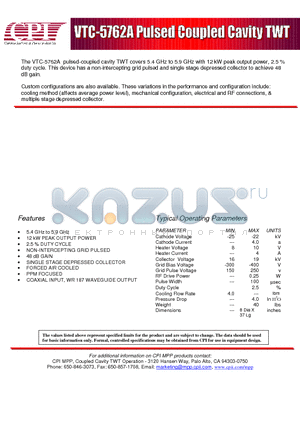 VTC5762A datasheet - VTC-5762A Pulsed Coupled Cavity TWT