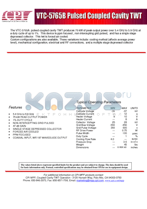 VTC5765B datasheet - VTC-5765B Pulsed Coupled Cavity TWT