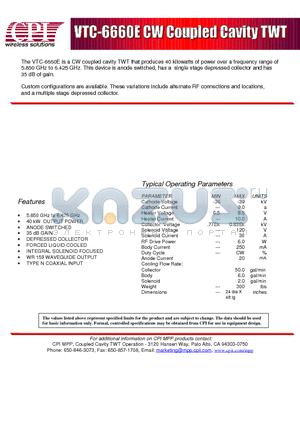 VTC6660E datasheet - CW Coupled Cavity TWT