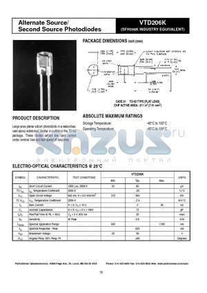 VTD206K datasheet - Alternate Source/ Second Source Photodiodes