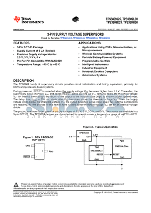 TPS3809J25_13 datasheet - 3-PIN SUPPLY VOLTAGE SUPERVISORS