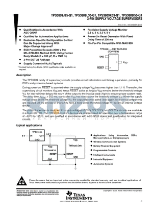 TPS3809I50QDBVRQ1 datasheet - 3-PIN SUPPLY VOLTAGE SUPERVISORS