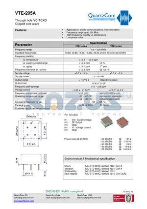 VTE-205A3 datasheet - Through hole VC-TCXO Clipped sine wave Low phase noise