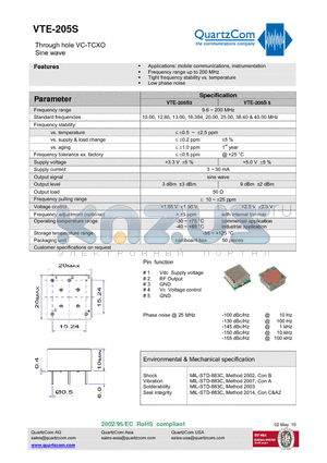 VTE-205S3 datasheet - Through hole VC-TCXO Sine wave Frequency range up to 200 MHz