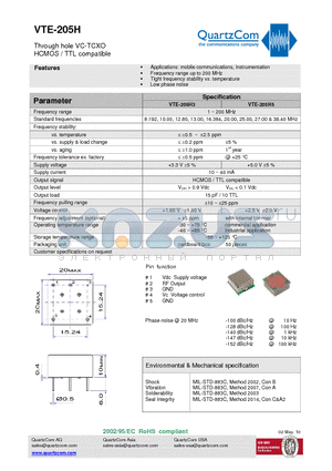 VTE-205H5 datasheet - Through hole VC-TCXO HCMOS / TTL compatible Tight frequency stability vs. temperature