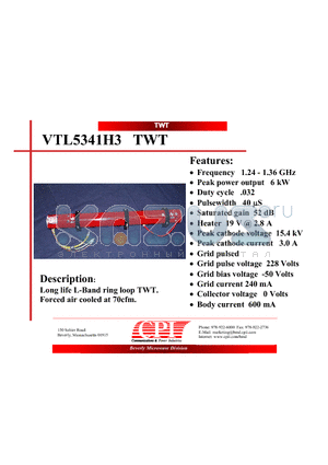 VTL5341H3 datasheet - Long life L-Band ring loop TWT