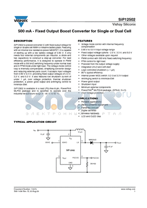 SIP12502 datasheet - 500 mA - Fixed Output Boost Converter for Single or Dual Cell