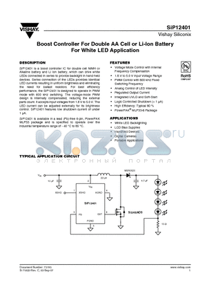 SIP12401 datasheet - Boost Controller For Double AA Cell or Li-Ion Battery For White LED Application