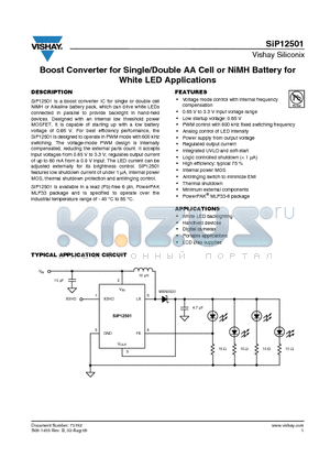 SIP12501 datasheet - Boost Converter for Single/Double AA Cell or NiMH Battery for White LED Applications