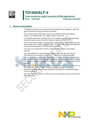 TD1600ALF-4 datasheet - Tuner module for digital terrestrial (OFDM) applications