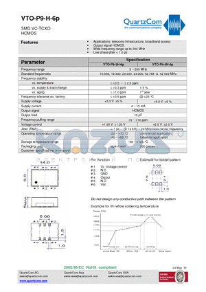 VTO-P9-3H-6P datasheet - SMD VC-TCXO HCMOS Wide frequency range up to 200 MHz