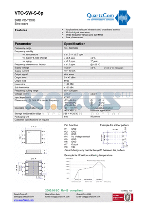 VTO-SW-S-8P datasheet - SMD VC-TCXO Sine wave Wide frequency range up to 500 MHz