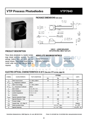 VTP7840 datasheet - VTP Process Photodiodes