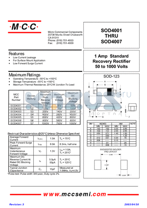 SOD4003 datasheet - 1 Amp Standard Recovery Rectifier 50 to 1000 Volts