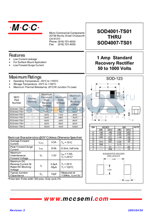 SOD4003-TS01 datasheet - 1 Amp Standard Recovery Rectifier 50 to 1000 Volts
