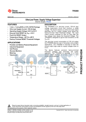 TPS3839K50DQNR datasheet - Ultra-Low Power, Supply Voltage Supervisor