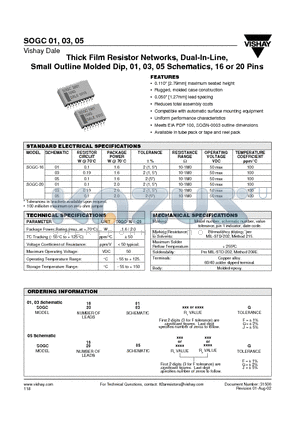 SOGC-01 datasheet - Thick Film Resistor Networks, Dual-In-Line, Small Outline Molded Dip, 01, 03, 05 Schematics, 16 or 20 Pins