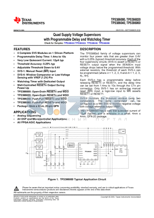 TPS386000RGPT datasheet - Quad Supply Voltage Supervisors with Programmable Delay and Watchdog Timer