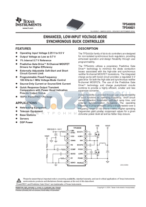 TPS40020PWPR datasheet - ENHANCED LOW INPUT VOLTAGE MODE SYNCHRONOUS BUCK CONTROLLER