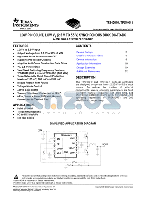 TPS40040DRBR datasheet - LOW PIN COUNT, LOW VIN (2.5 V TO 5.5 V) SYNCHRONOUS BUCK DC-TO-DC CONTROLLER WITH ENABLE