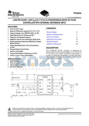TPS40042 datasheet - LOW PIN COUNT, LOW VIN (3.0 V TO 5.5 V) SYNCHRONOUS BUCK DC-TO-DC CONTROLLER WITH EXTERNAL REFERENCE INPUT