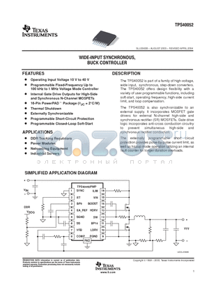 TPS40052 datasheet - WIDE INPUT SYNCHRONOUS BUCK CONTROLLER