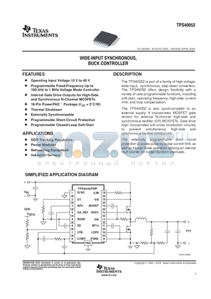 TPS40052PWP datasheet - WIDE INPUT SYNCHRONOUS BUCK CONTROLLER