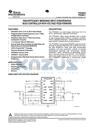 TPS40070 datasheet - HIGH-EFFICIANCY MIDRANGE INPUT SYNCHRONOUS BUCK CONTROLLER WITH VOLTAGE FEED-FORWARD