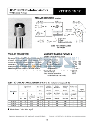 VTT1115 datasheet - .050 NPN Phototransistors