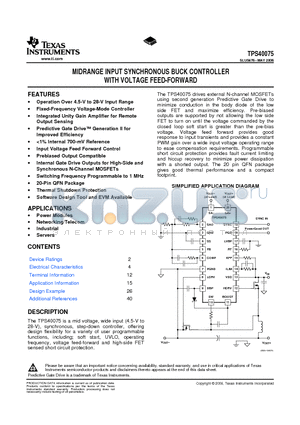 TPS40075 datasheet - MIDRANGE INPUT SYNCHRONOUS BUCK CONTROLLER WITH VOLTAGE FEED-FORWARD