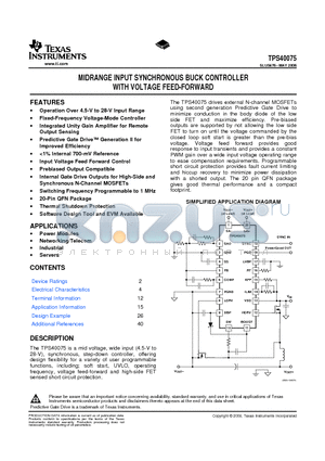 TPS40075RHLR datasheet - MIDRANGE INPUT SYNCHRONOUS BUCK CONTROLLER WITH VOLTAGE FEED-FORWARD