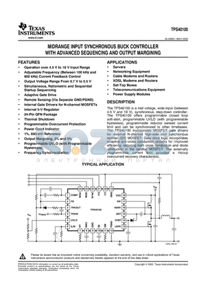 TPS40100 datasheet - MIDRANGE INPUT SYNCHRONOUS BUCK CONTROLLER WITH ADVANCED SEQUENCING AND OUTPUT MARGINING